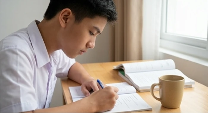 Học sinh nam chăm chú ôn tập bên bàn học có ly trà ấm giúp chăm sóc sức khỏe mùa thi