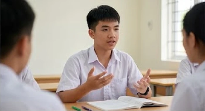 Nam học sinh tuổi Tân Mão tự tin thuyết trình và tranh biện ý tưởng trong buổi thảo luận nhóm ở trường
