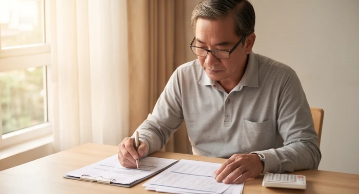 Người đàn ông tuổi Hợi chững chạc cẩn thận kiểm tra tài liệu để làm chỗ dựa tài chính vững chắc cho gia đình