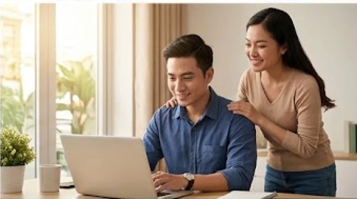 Người chồng trẻ tuổi đang say sưa làm việc trên máy tính với sự động viên tinh thần từ người vợ