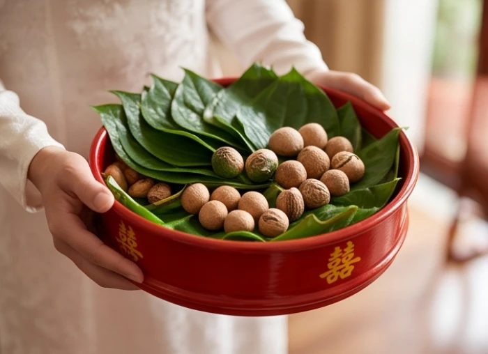 Cô dâu chú rể hạnh phúc bưng khay trầu cau truyền thống trong ngày lễ gia tiên trang trọng.