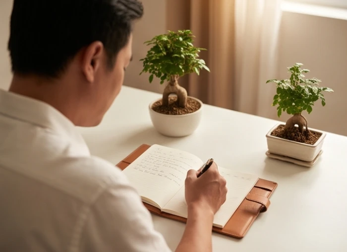 Người đàn ông điềm đạm đang ghi chú mục tiêu dài hạn vào cuốn sổ tay trong một không gian làm việc yên tĩnh