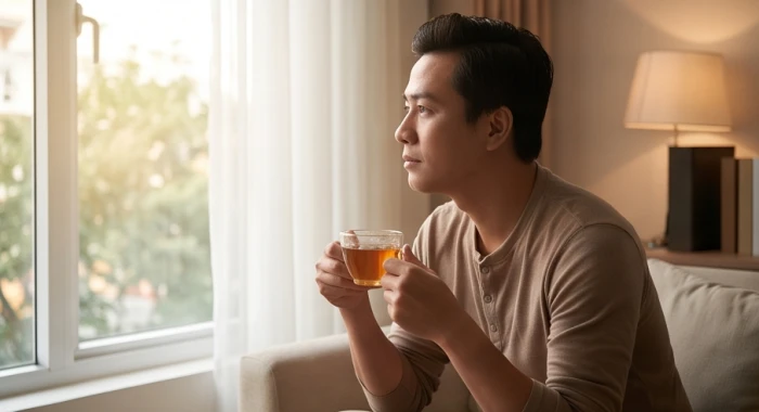 Đàn ông tuổi Hợi ngồi trầm ngâm suy nghĩ trong không gian riêng yên tĩnh khi đối diện với căng thẳng