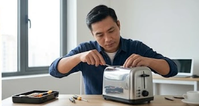 Người đàn ông cẩn thận sửa chữa vật dụng hỏng hóc trong nhà để bảo vệ và chăm sóc gia đình nhỏ