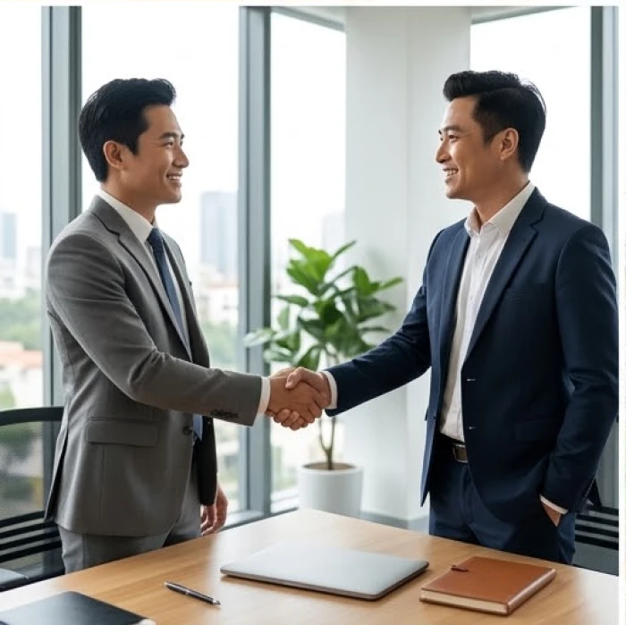 Hai đối tác kinh doanh bắt tay hợp tác vui vẻ trong văn phòng sáng sủa thể hiện sự hòa hợp và tin cậy lẫn nhau