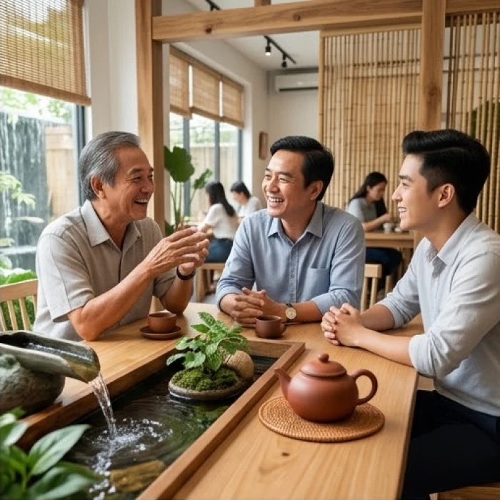 Ba người đàn ông ở các độ tuổi khác nhau trò chuyện thân tình tượng trưng cho nam tuổi Mão mệnh Thủy, Hỏa và Thổ