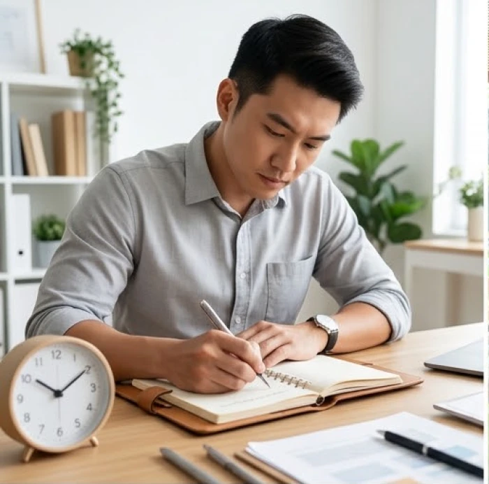 Người đàn ông ghi chú thời hạn 24 giờ vào sổ tay công việc để đưa ra lựa chọn dứt khoát đúng tiến độ