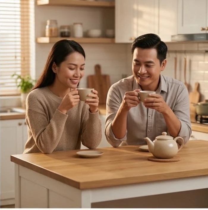 Vợ chồng pha trà trò chuyện ôn hòa sau một khoảng thời gian giãn cách cảm xúc để tháo gỡ mọi xung đột
