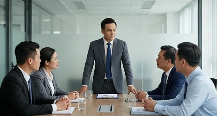 Giám đốc nam mạng tuổi Sửu điều hành cuộc họp chiến lược nội bộ cùng cộng sự trẻ tuổi giỏi thực thi