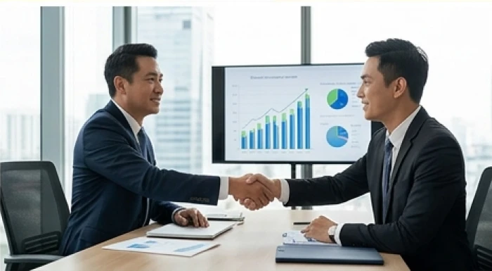 Hai đối tác kinh doanh bắt tay hợp tác thành công trước biểu đồ tăng trưởng tài chính rõ ràng tại văn phòng
