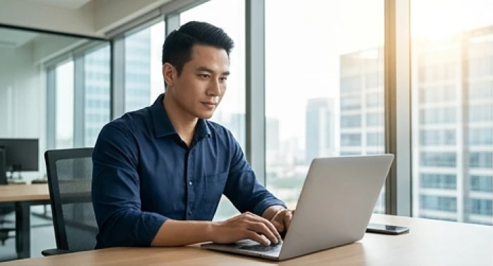 Doanh nhân nam tuổi thìn tự tin làm việc trên máy tính xách tay trong không gian văn phòng sáng sủa
