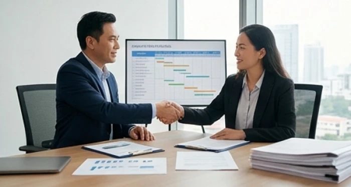 Hai đối tác bắt tay hợp tác và thống nhất hợp đồng rõ ràng về tiến độ dự án trên bàn làm việc hiện đại