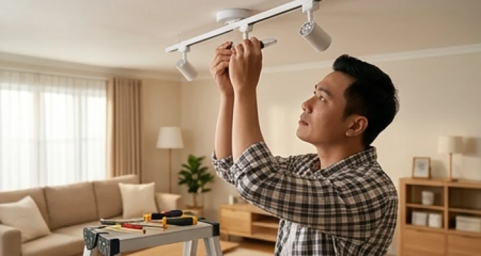 Người đàn ông chăm chú tự tay kiểm tra và sửa chữa thiết bị điện trong gia đình để giảm chi phí sinh hoạt cho vợ con