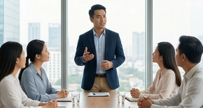 Người đàn ông trình bày quan điểm minh bạch và thẳng thắn trong buổi thảo luận cùng đồng nghiệp tại công sở
