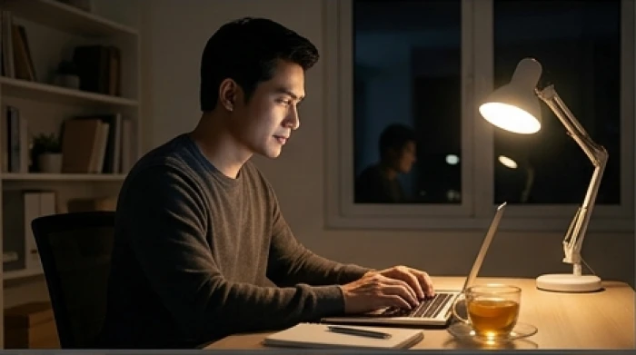 Người chồng tuổi tý thức khuya làm việc bên ly trà ấm trong không gian phòng khách yên tĩnh
