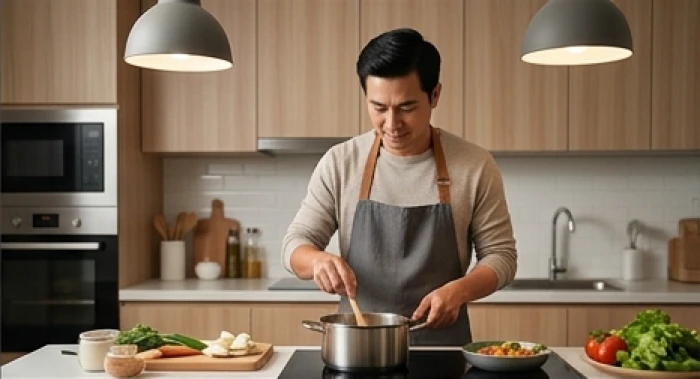 Người chồng tuổi tý đang ân cần chuẩn bị bữa tối ấm cúng trong gian bếp gia đình để chăm sóc vợ