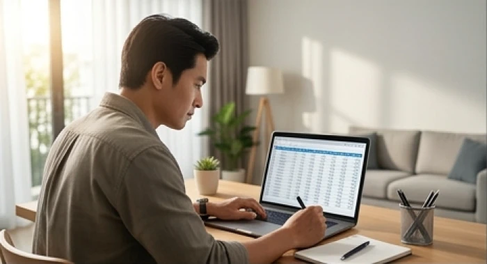 Người nam giới tuổi tý đang cẩn trọng so sánh thông số tài chính trên máy tính để quản lý chi tiêu hiệu quả