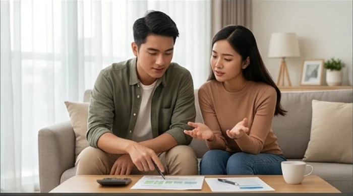 Cặp vợ chồng trẻ cùng ngồi xem xét sổ sách chi tiêu trong không gian phòng khách hòa nhã và bình tĩnh