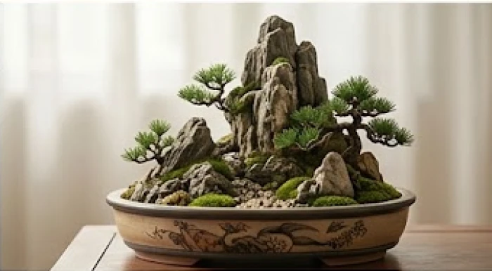 Mô hình núi đá nhỏ trong tiểu cảnh bonsai tượng trưng cho sự kiên định của những người mang nạp âm hành Thổ