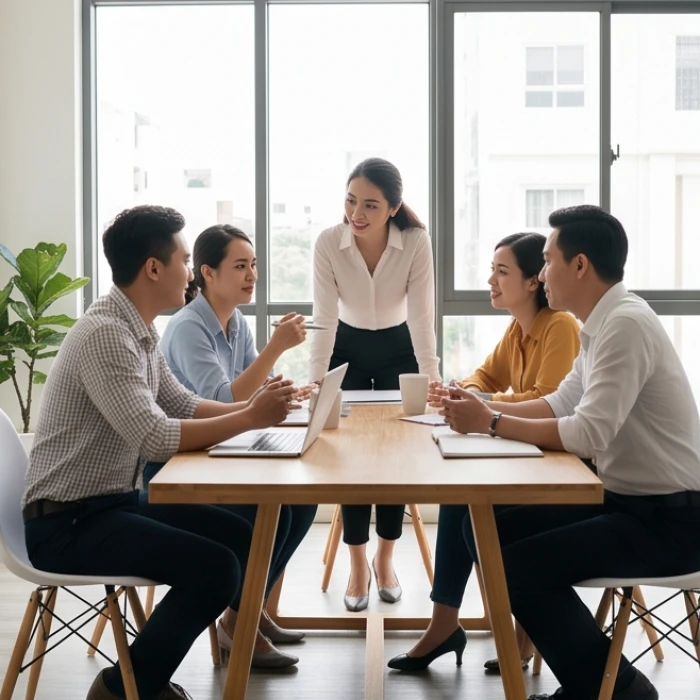 Nhóm cộng sự hăng say thảo luận ý tưởng mới thể hiện năng lượng làm việc vượt trội của tuổi ngọ tại công sở