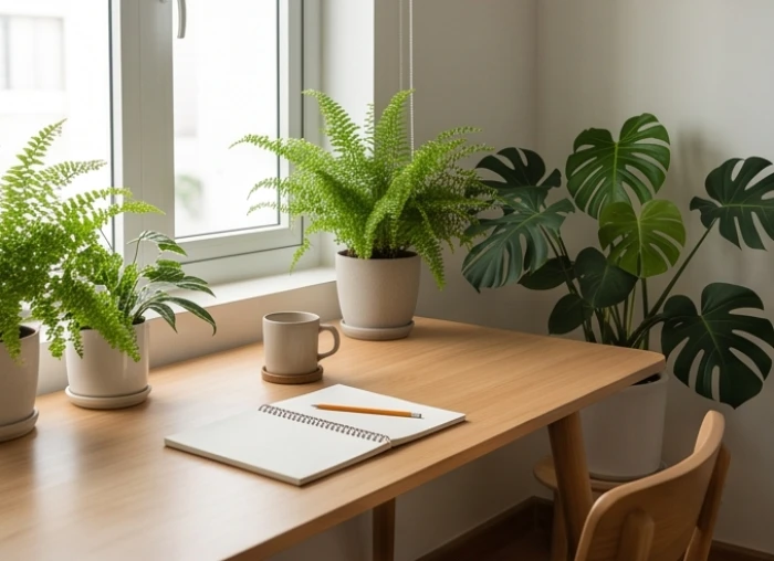 Góc làm việc bằng gỗ tự nhiên ngập tràn ánh sáng thể hiện sự tĩnh tại của sao Tả Phù trong phong thủy