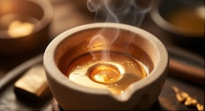 Khối vàng rực rỡ đang trong quá trình tinh luyện và chuyển hóa tượng trưng cho bản mệnh Bạch Lạp Kim mềm dẻo