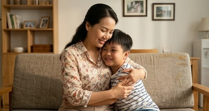 Người mẹ hiền từ đang ôm vỗ về bé trai sáu tuổi trong phòng khách ấm cúng mang lại cảm giác an toàn và chỗ dựa tinh thần