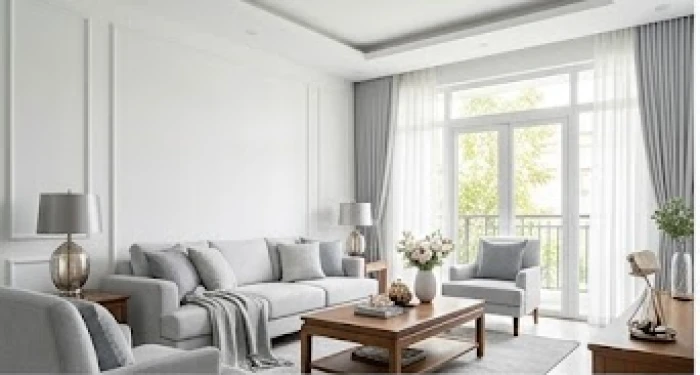 Phối cảnh phòng khách sử dụng tông màu trắng xám thuộc hành Kim tương sinh cho người mệnh Đại Hải Thủy