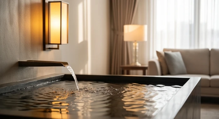 Mô hình sóng nước biển lớn kết hợp ánh sáng ấm thể hiện năng lượng nạp âm Đại Hải Thủy tuổi Nhâm Tuất