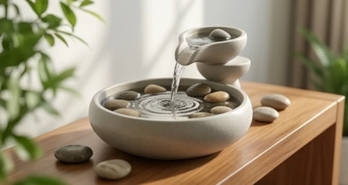 Tiểu cảnh hồ nước mini róc rách trong góc phòng làm việc giúp khơi thông trường khí cho mệnh Thủy