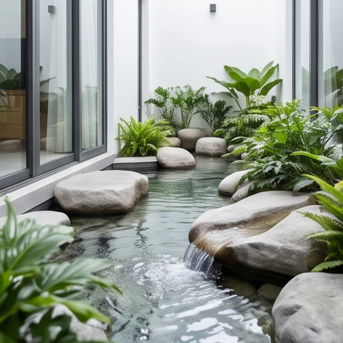 Tiểu cảnh suối nước nhân tạo chảy êm đềm trong sân vườn biệt thự hiện đại biểu trưng cho bản mệnh Đại Khê Thủy