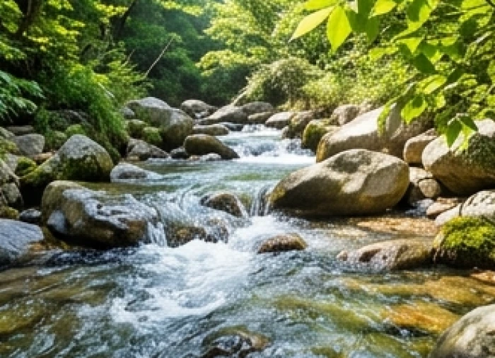 Dòng suối nước trong lành chảy qua khe núi đá tự nhiên tượng trưng nạp âm Đại Khê Thủy tuổi Ất Mão 1975