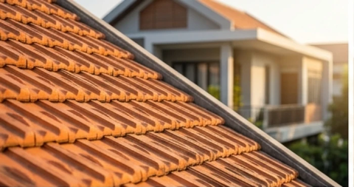 Cấu trúc mái ngói đất nung truyền thống tráng men đỏ gạch phản chiếu ánh nắng dịu nhẹ của buổi sớm
