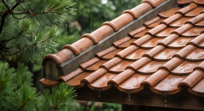 Mái ngói truyền thống được gội rửa dưới cơn mưa nhẹ tượng trưng cho sự dung hòa giữa Ốc Thượng Thổ và Trường Lưu Thủy
