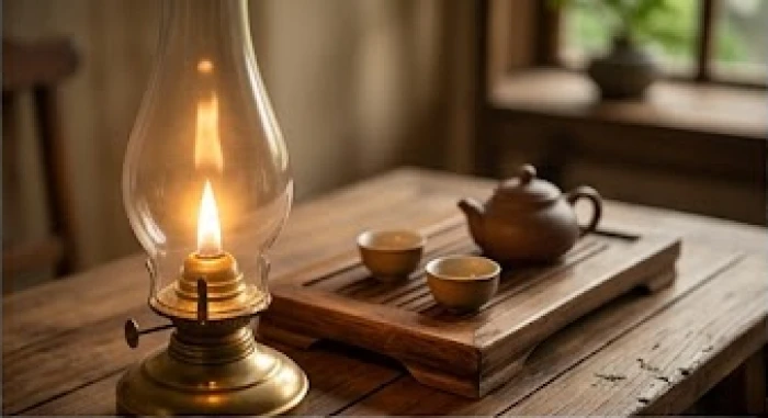 Ngọn lửa đèn dầu tỏa ánh sáng ấm áp trong không gian phòng khách tĩnh lặng và yên bình