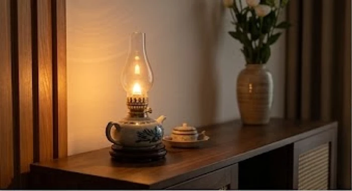 Chiếc đèn dầu gốm sứ cổ truyền phát ánh sáng vàng ấm áp tượng trưng nạp âm Phú Đăng Hỏa