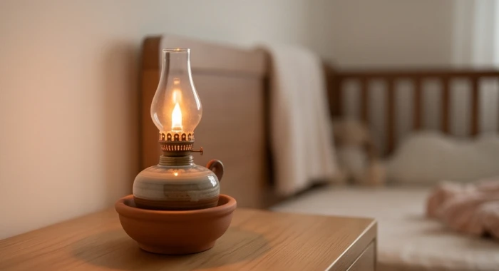 Ngọn lửa đèn dầu phú đăng hỏa thắp sáng ấm áp trong phòng ngủ bé được che chắn kín gió và bình yên