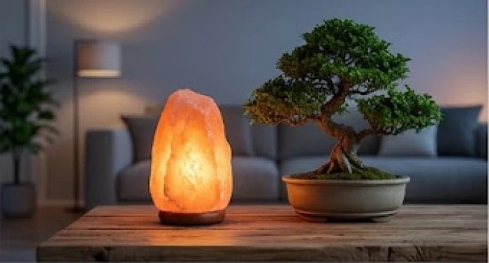 Đèn đá muối phát sáng ấm áp đặt cạnh chậu cây bonsai đại diện cho ngọn lửa hoàng hôn