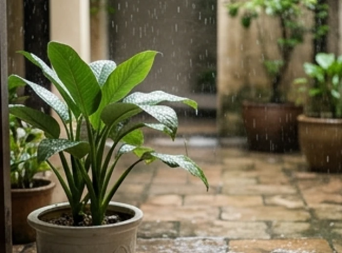 Cây xanh trồng trong chậu gốm ngoài hiên nhà đang hứng những giọt nước mưa tự nhiên