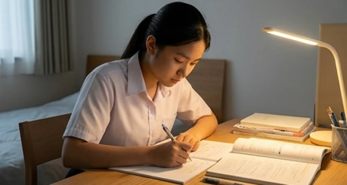 Học sinh sinh năm Mậu Tý đang hăng say giải bài tập dưới ánh sáng đèn học vàng ấm tại góc phòng