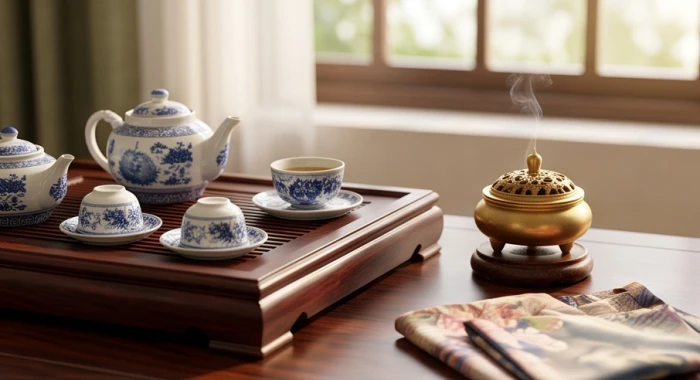 Bộ ấm trà gốm sứ và lư hương đồng đặt trên bàn gỗ tượng trưng cho năng lượng Tích Lịch Hỏa