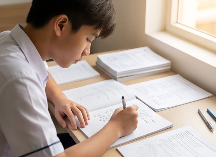 Học sinh tuổi Kỷ Sửu đang tập trung giải bài tập khoa học tự nhiên trên bàn học thông thoáng