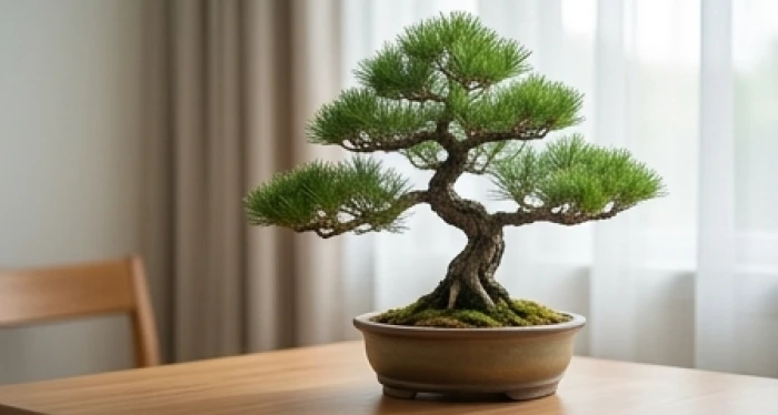 Cây tùng bách xanh tốt vươn cao trong chậu cảnh bằng sứ trắng thể hiện sức sống bền bỉ của bản mệnh mộc