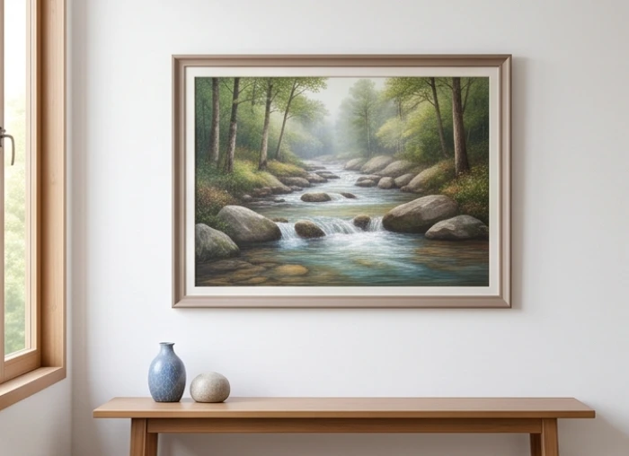Bức tranh phong cảnh dòng suối nhỏ chảy róc rách qua khe đá được treo trang trọng trong phòng sinh hoạt chung