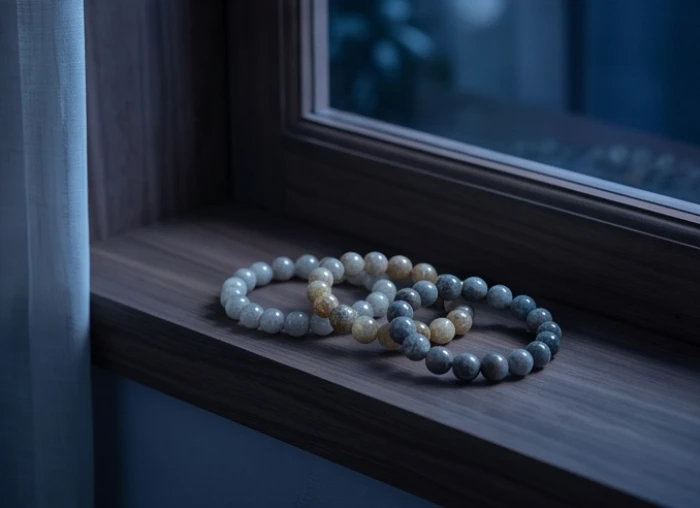Chuỗi vòng tay đá phong thủy hấp thụ trường năng lượng thanh khiết dưới ánh trăng rằm ban đêm