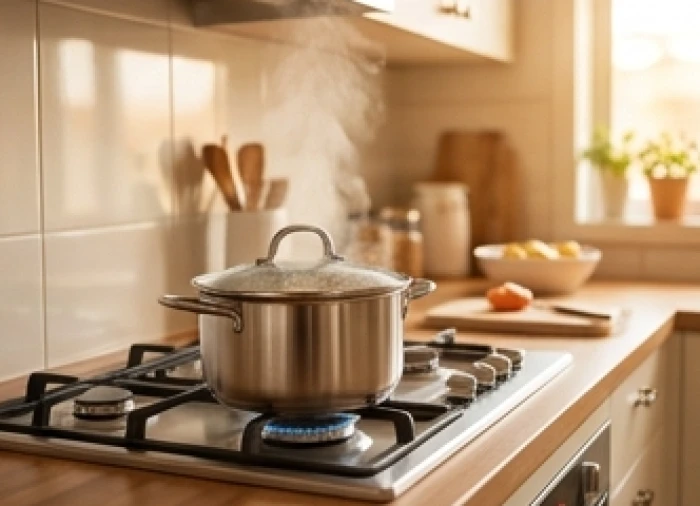 Căn bếp gia đình ấm cúng có ánh lửa nhỏ đang đun nồi súp nóng hổi trên mặt bếp