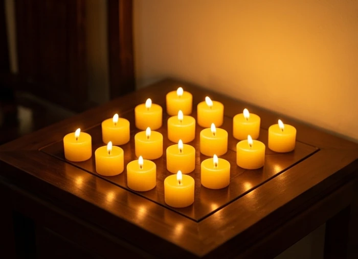 Mâm cúng sao Thái Dương với nến vàng được xếp gọn gàng theo đúng sơ đồ phong thủy truyền thống.