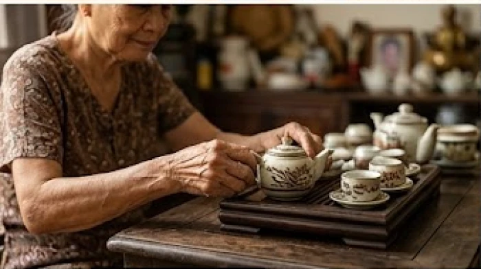 Người lớn tuổi tỉ mỉ sắp xếp lại bàn trà cho ngay ngắn thể hiện nếp sống kỷ luật và khắt khe