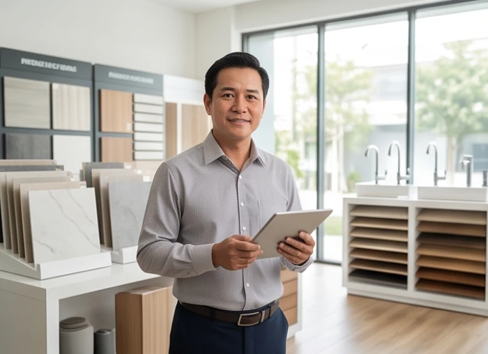 Chủ cửa hàng tuổi Tuất kiểm tra sổ sách và bố trí không gian kinh doanh khang trang tại showroom hiện đại