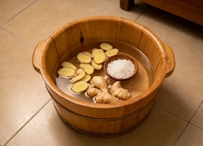 Chậu gỗ chứa nước ấm pha muối hột và gừng tươi dùng để ngâm chân
